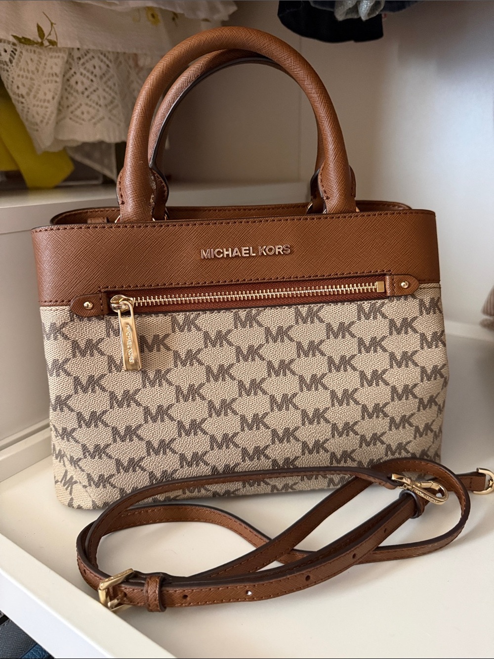 MICHAEL KORS Tan & Beige Signature MK Satchel with Gold Hardware